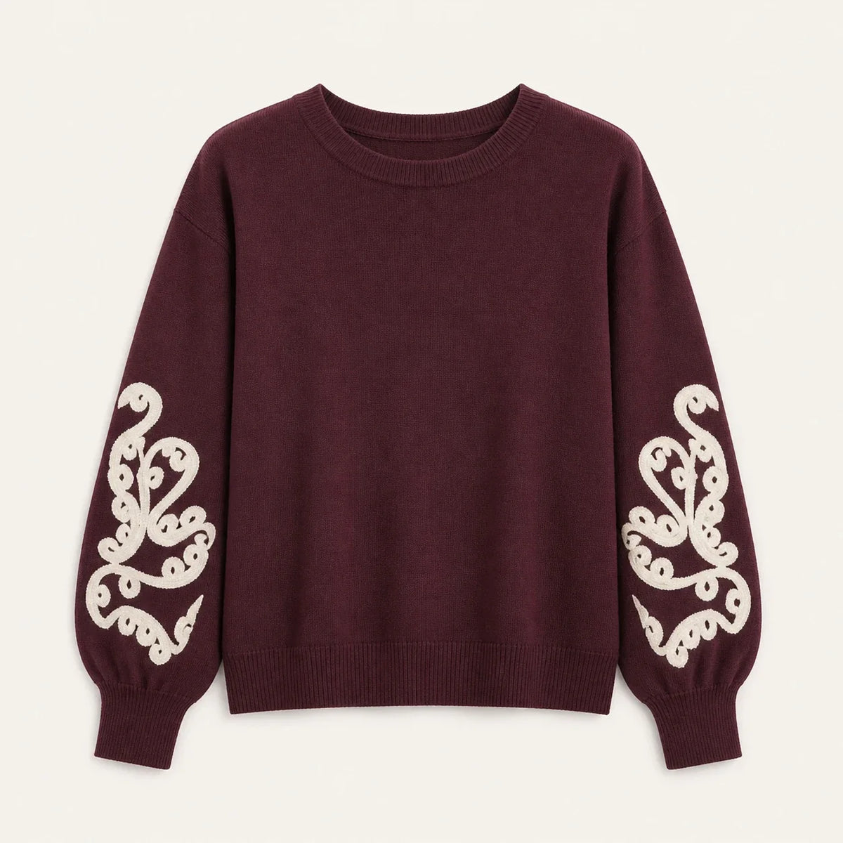Maglia Aurora da donna color borgogna con decoro avorio sulle maniche
