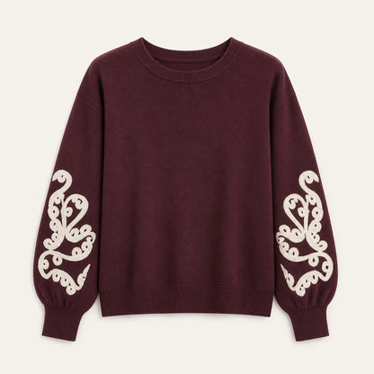 Maglia Aurora da donna color borgogna con decoro avorio sulle maniche