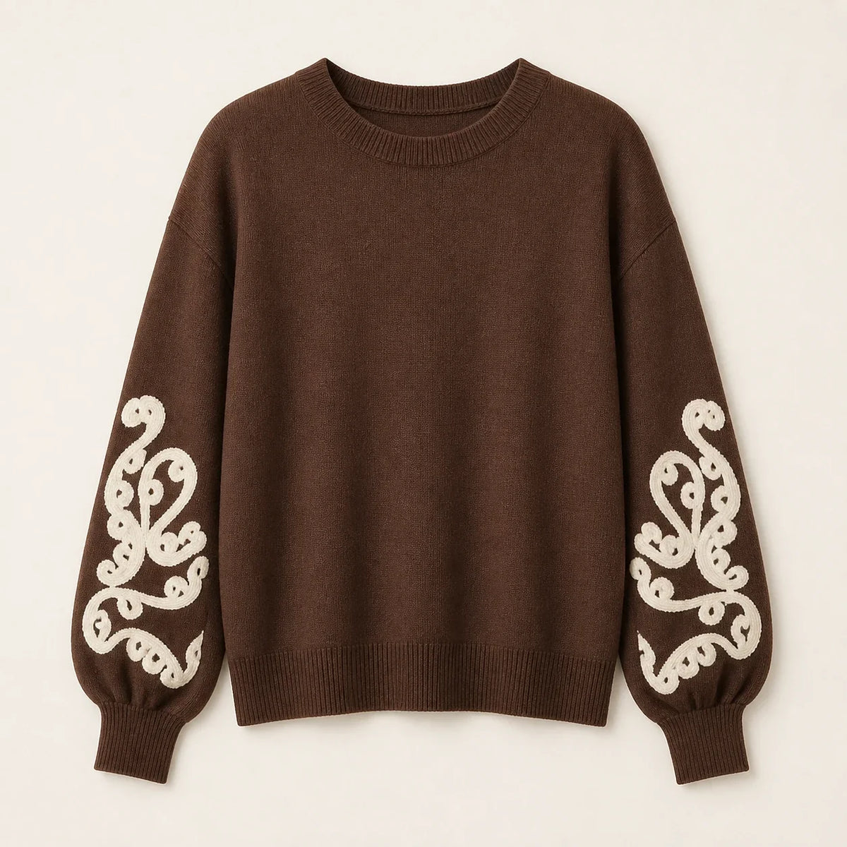 Maglia Aurora da donna color caffè con decoro avorio sulle maniche
