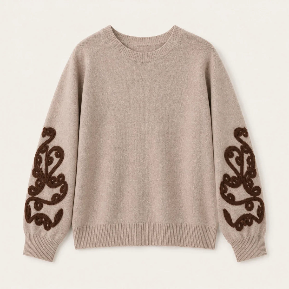 Maglia Aurora da donna color cammello con decoro marrone sulle maniche