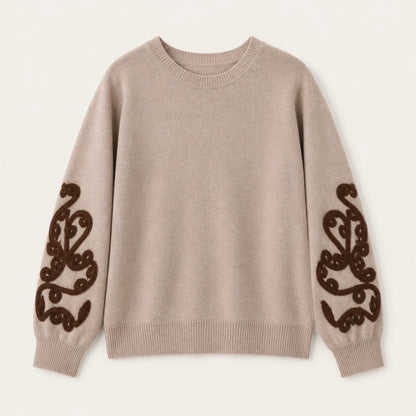 Maglia Aurora da donna color cammello con decoro marrone sulle maniche