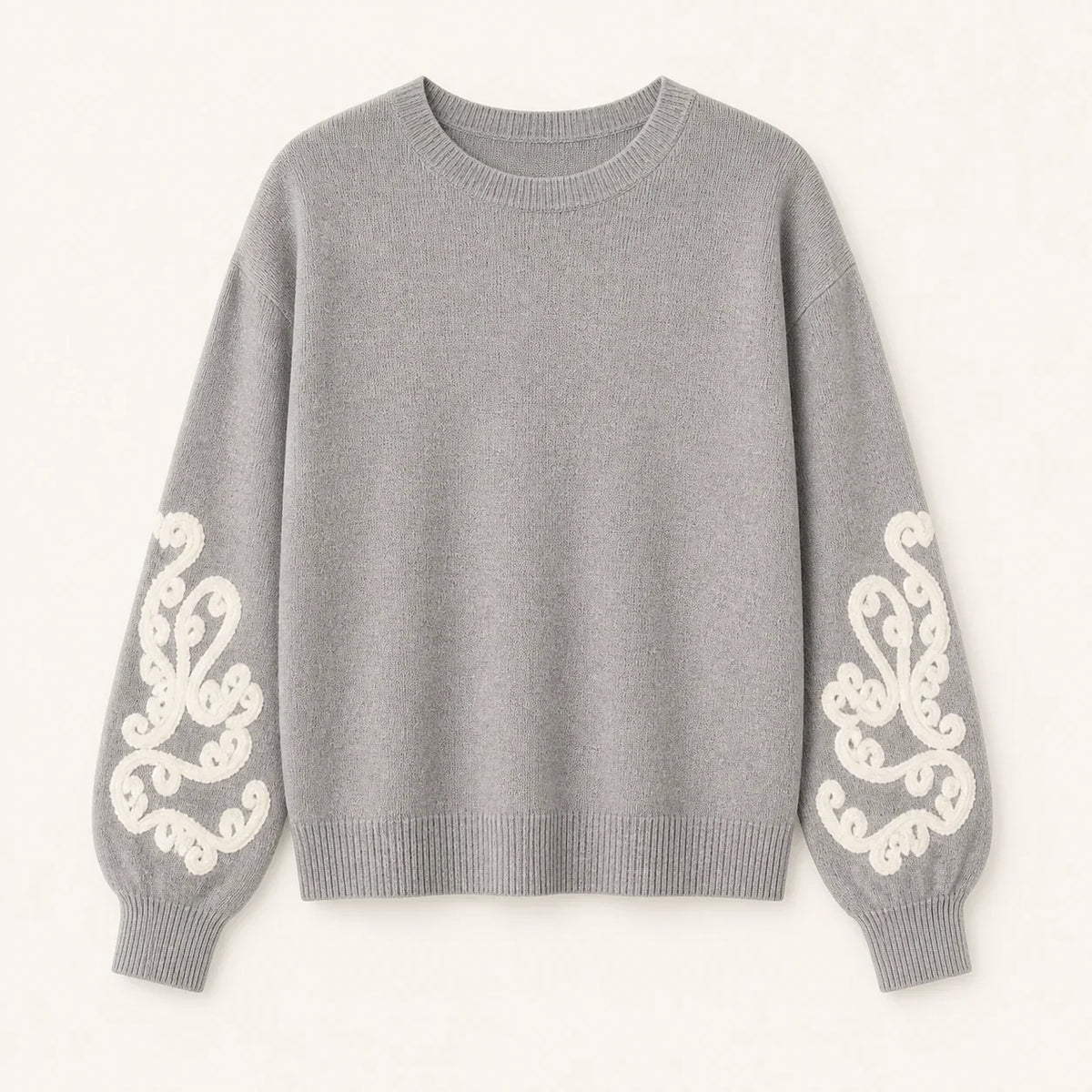 Maglia Aurora da donna grigio chiaro con decoro avorio sulle maniche