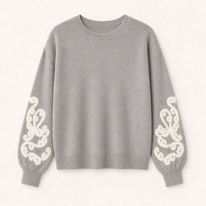 Maglia Aurora da donna grigio chiaro con decoro avorio sulle maniche
