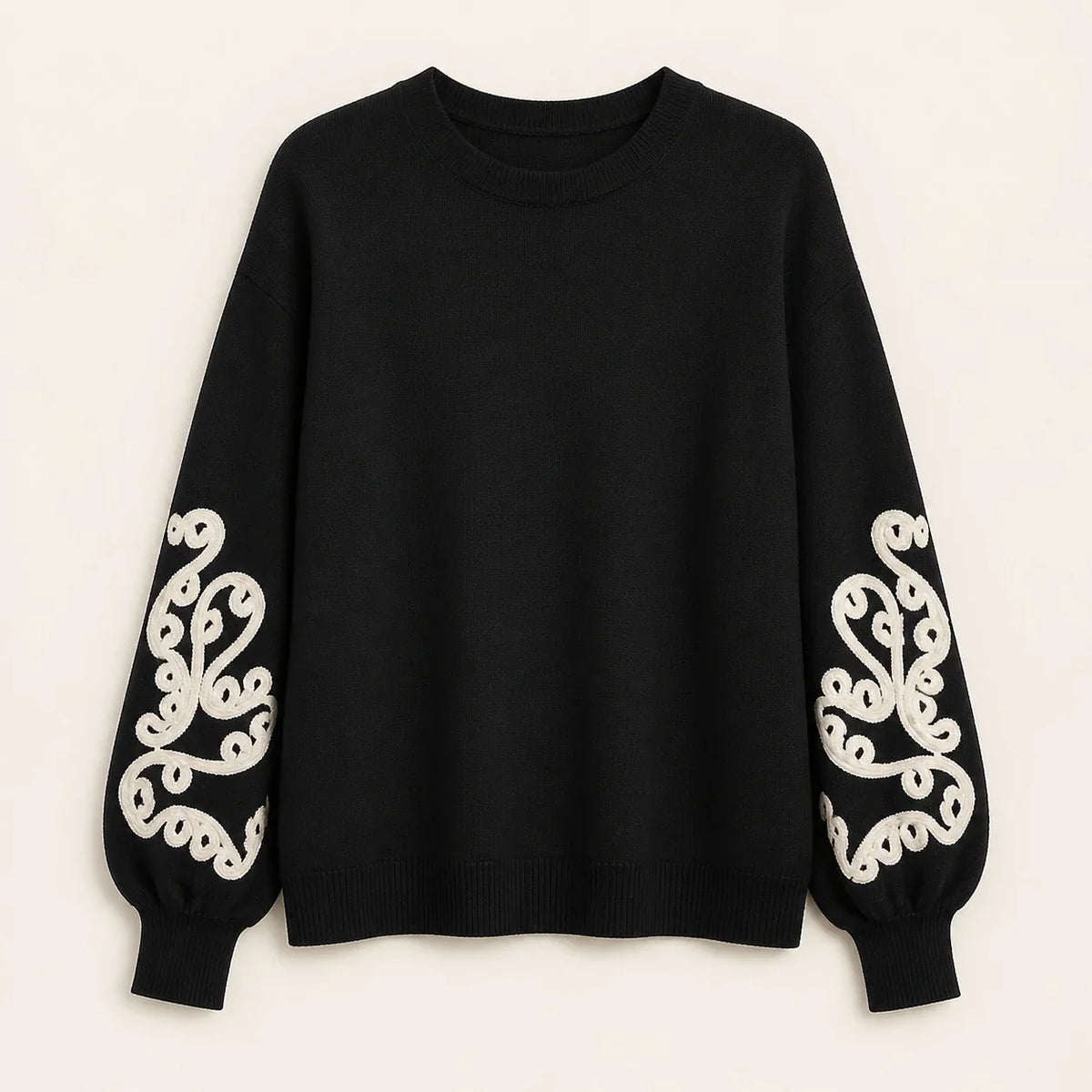 Maglia Aurora da donna nera con decoro avorio sulle maniche