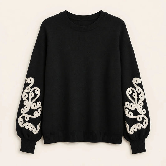 Maglia Aurora da donna nera con decoro avorio sulle maniche