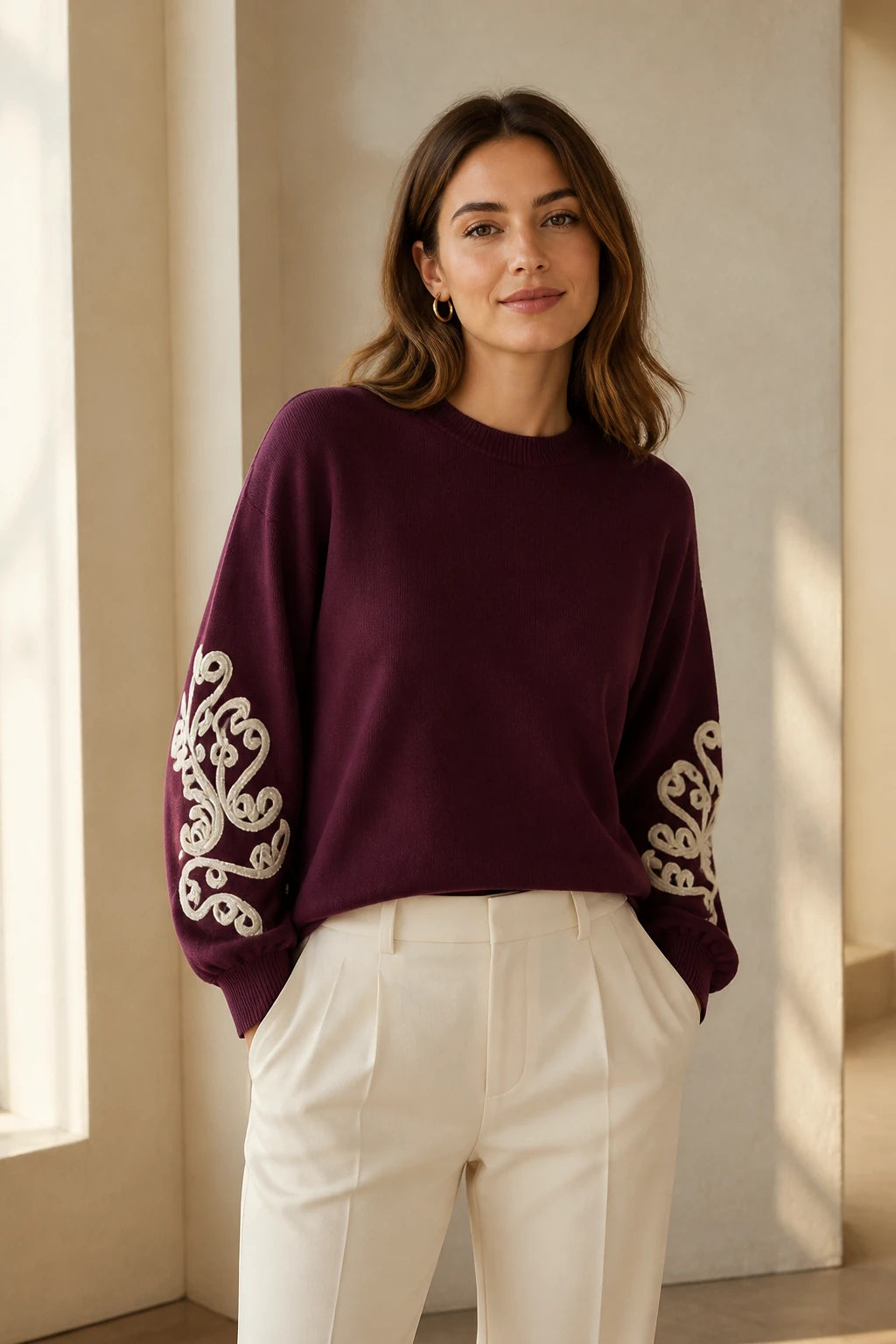 Maglia Aurora borgogna Made in Italy indossata