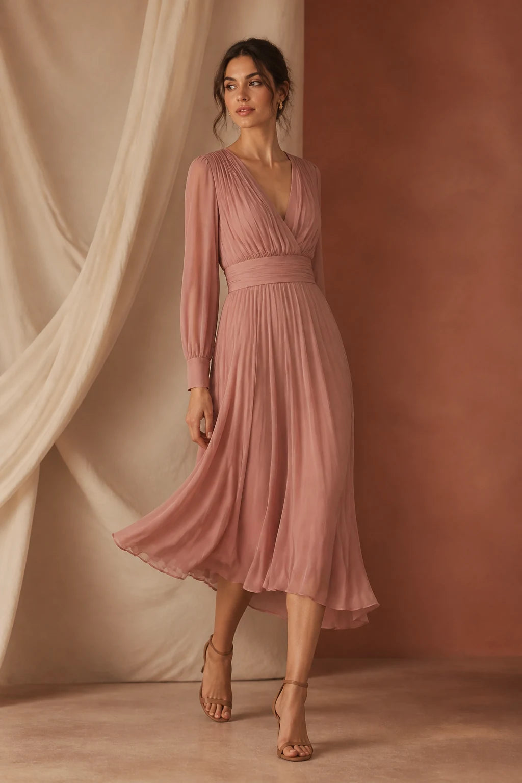 Abito midi donna color rosa polvere