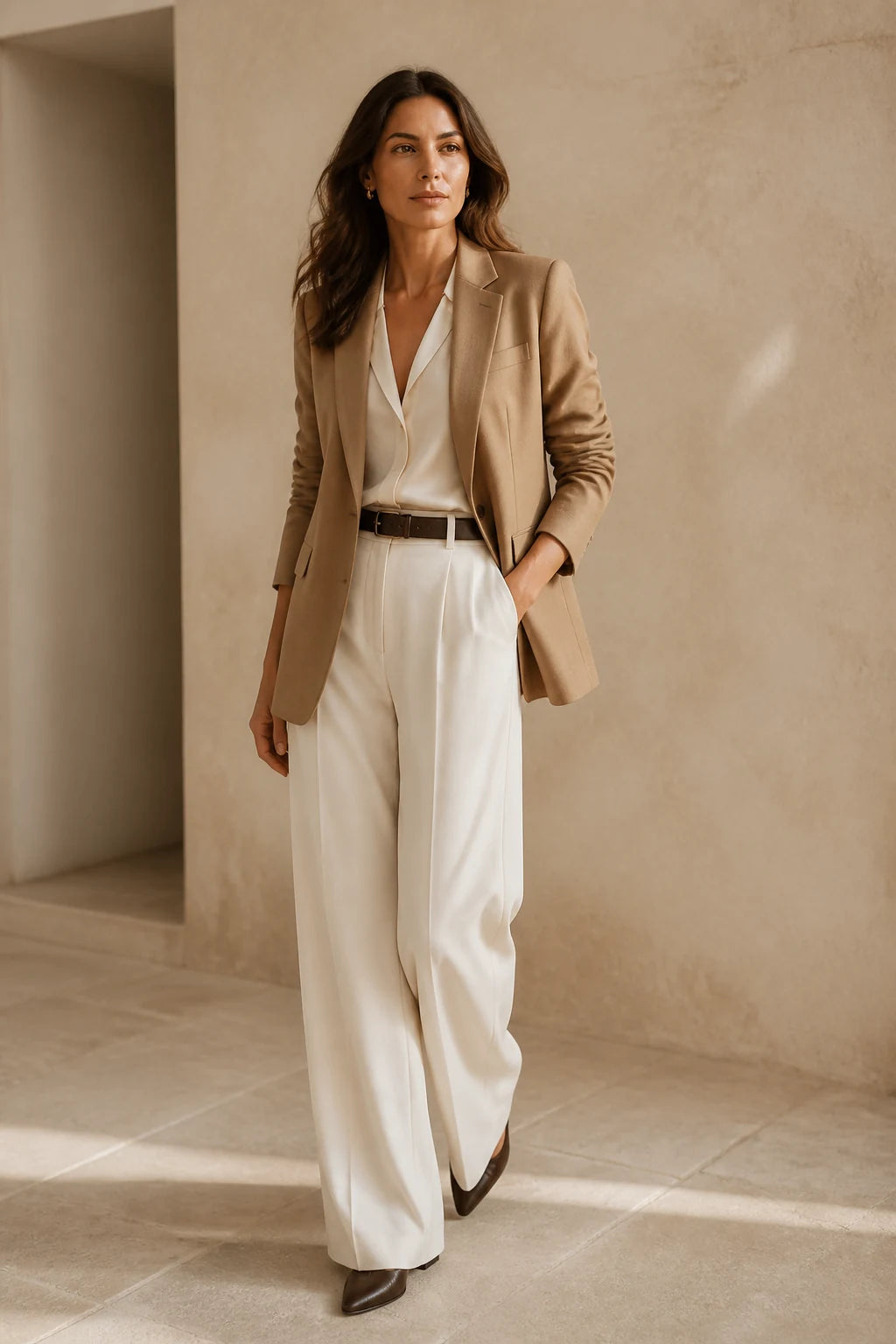Completo sartoriale donna nei toni cammello e avorio